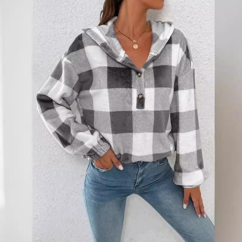 

Autumn and Winter Women's Plaid Sweatshirt Plush Warm Fashion Pullover Loose Street Casual Versatile Basic Hoodie
