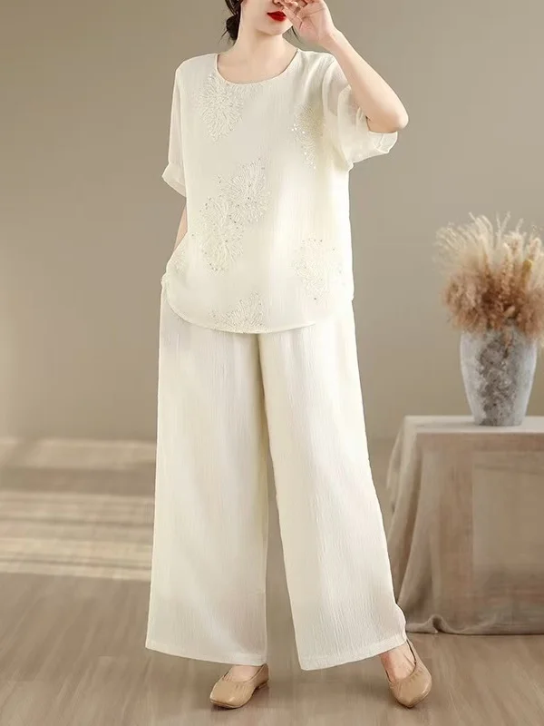 

Lightweight Summer New Retro Embroidered Loose Shirt Wide Leg Pants Set Women's Fashion Artistic Style High Waist Trousers