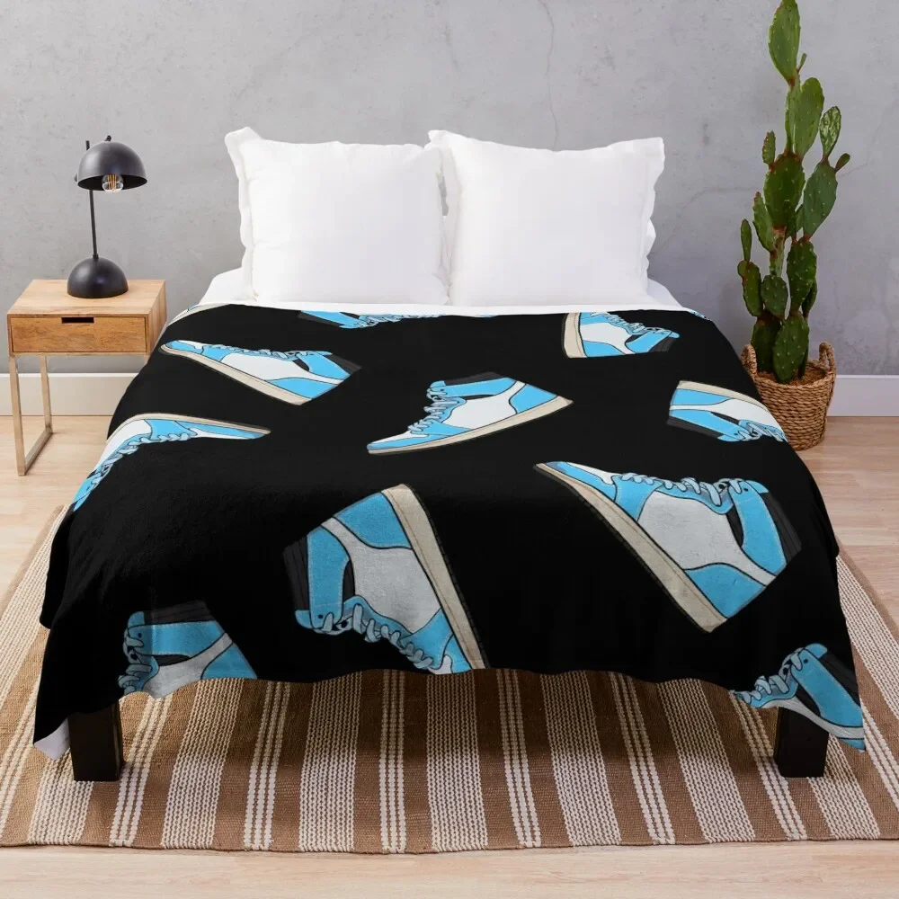 Blue and white high top sneaker pattern - black background Throw Blanket Decorative Throw for winter Sofa Quilt Blankets