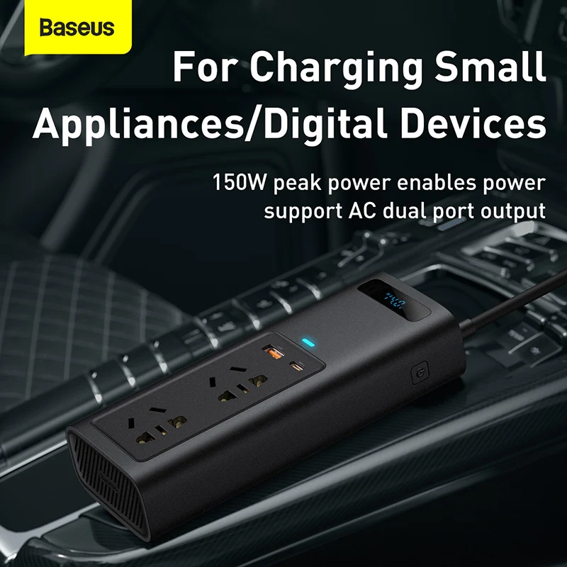 Baseus 150W Car Inverter DC 12V to AC 220V Auto Converter Inversor LED Display USB Type C Fast Charger For Car Power Adapter