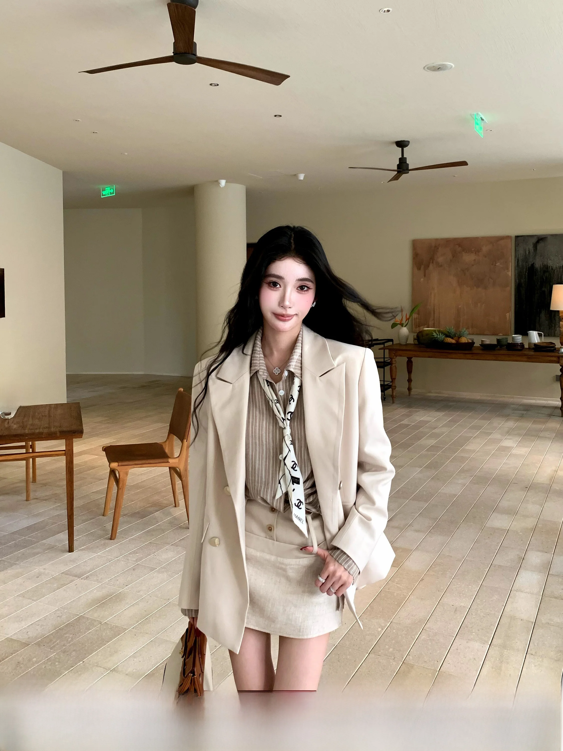 

Casual Sle Women's Suit Set Loose Fit Jaet And Skirt Ensemble Old Money Aesthetic Cotton Blend Fabric Long Sve