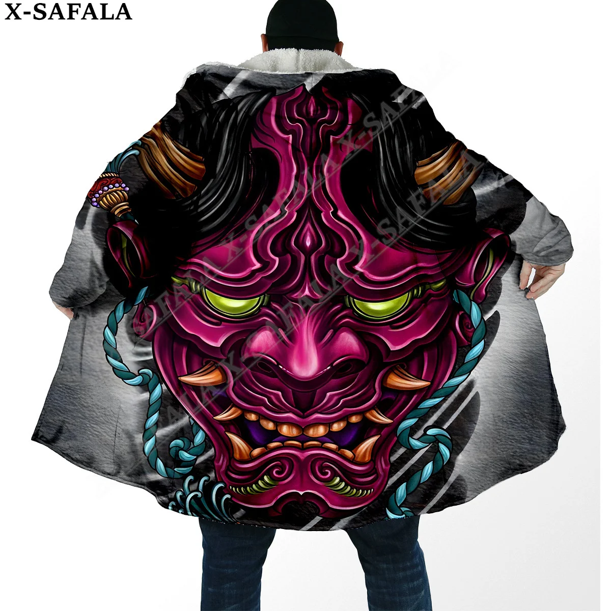 Japanese Samurai Oni Mask Tattoo Warrior Overcoat Coat 3D Print Thick Warm Hooded Cloak  Men Windproof Fleece Unisex-3