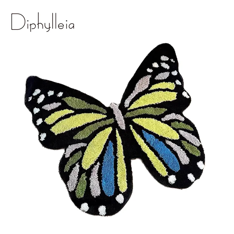 Diphylleia French Shabby Chic Lake Blue Yellow Swallowtail Butterfly Shaped Carpet Light Luxury Area Rugs For Bedside Cloakroom