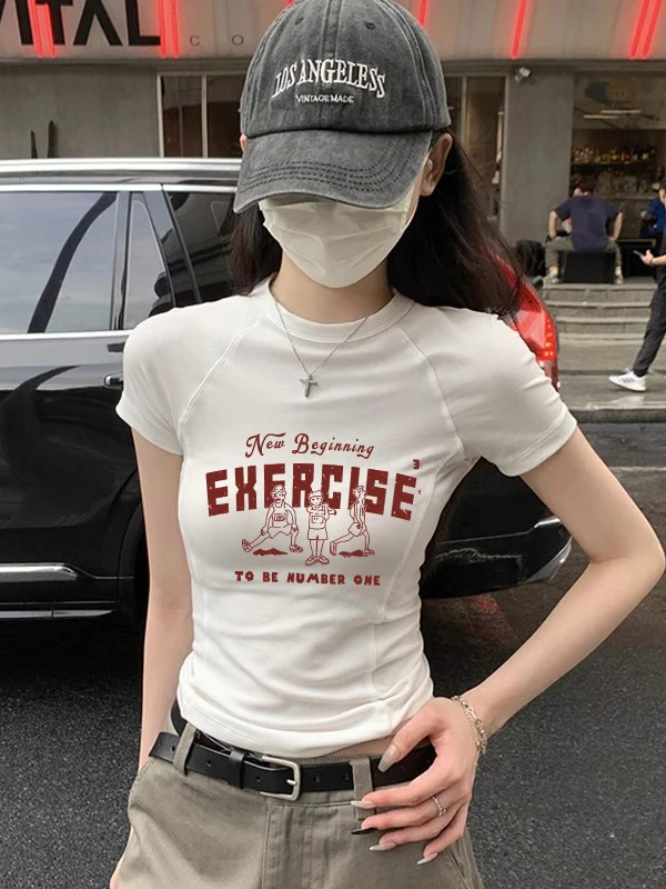 

Белая футболка f Sve, женская летняя новинка, американский ретро ort, облегающий топ маленького размера, круглый топ с принтом Ne