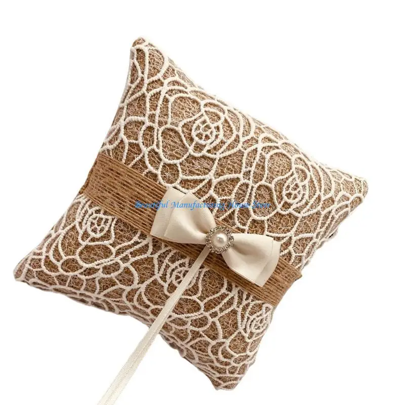 

E56A Vintage Lace Burlap Rings Pillow Bowknot Rings Cushion For Weddings Ceremonies