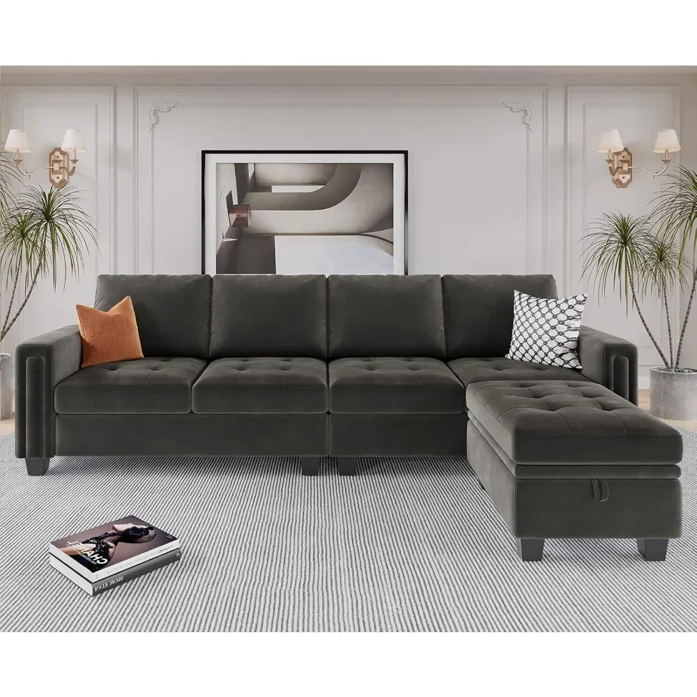 

Velvet Reversible Sectional Sofa with Chaise Convertible L Shaped 4-seat Sectional Couch with Storage Ottoman Grey