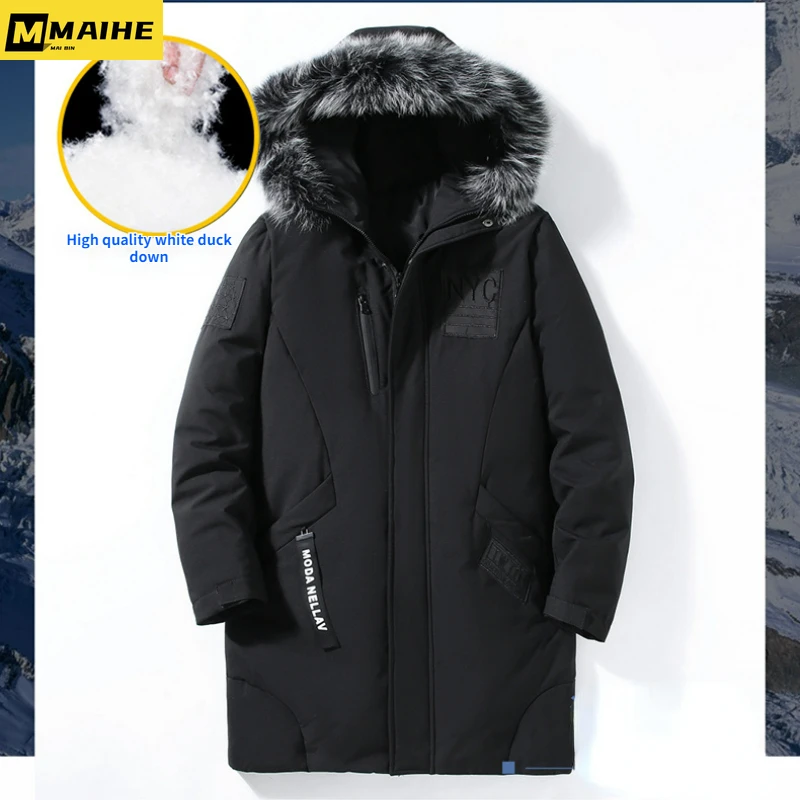 Light Luxury Winter Men's Down Jacket Long Youth White Duck Down Warm Casual Coat Men's Outdoor Snow Cold-proof Fur Collar Parka