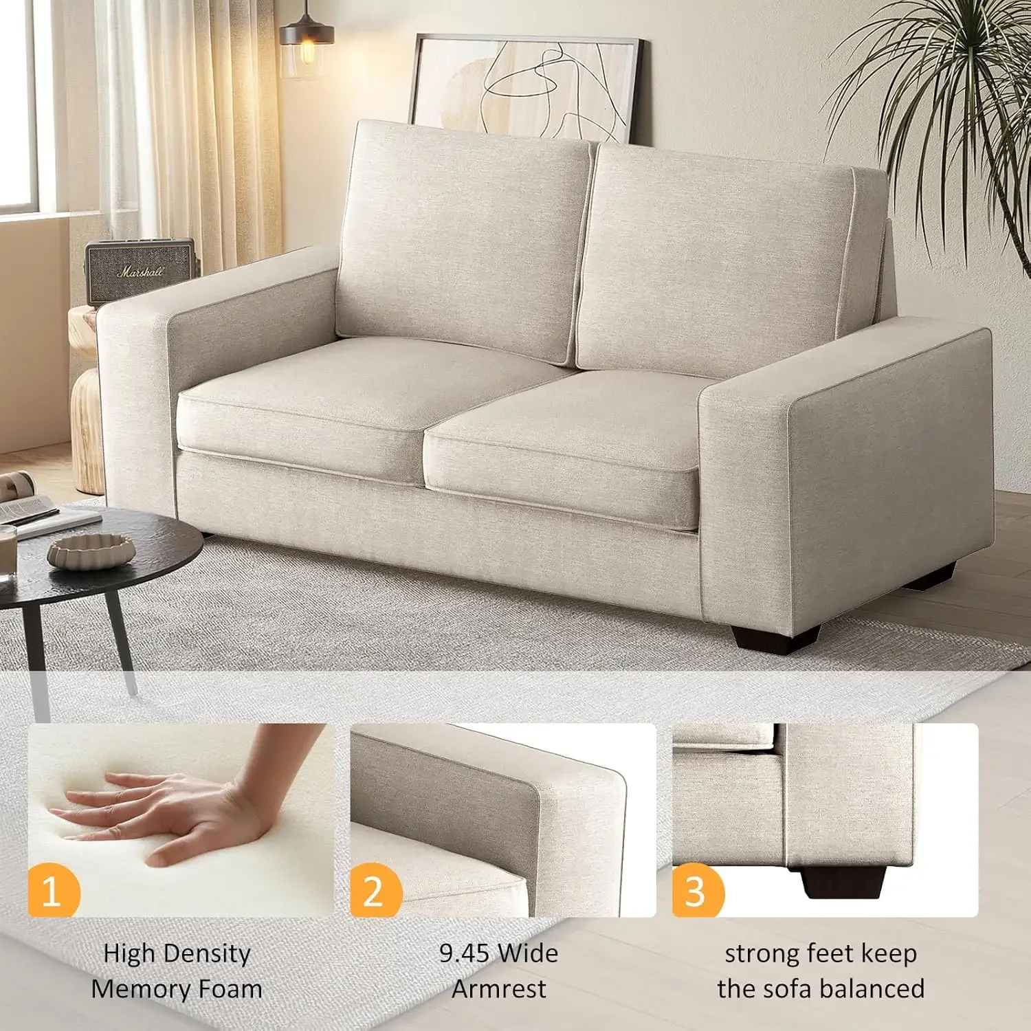 

Chenille Living Room Loveseat Sofa with Metal, Solid Wood,High Density Cotton, Removable Back Cushion and Seat Cushion