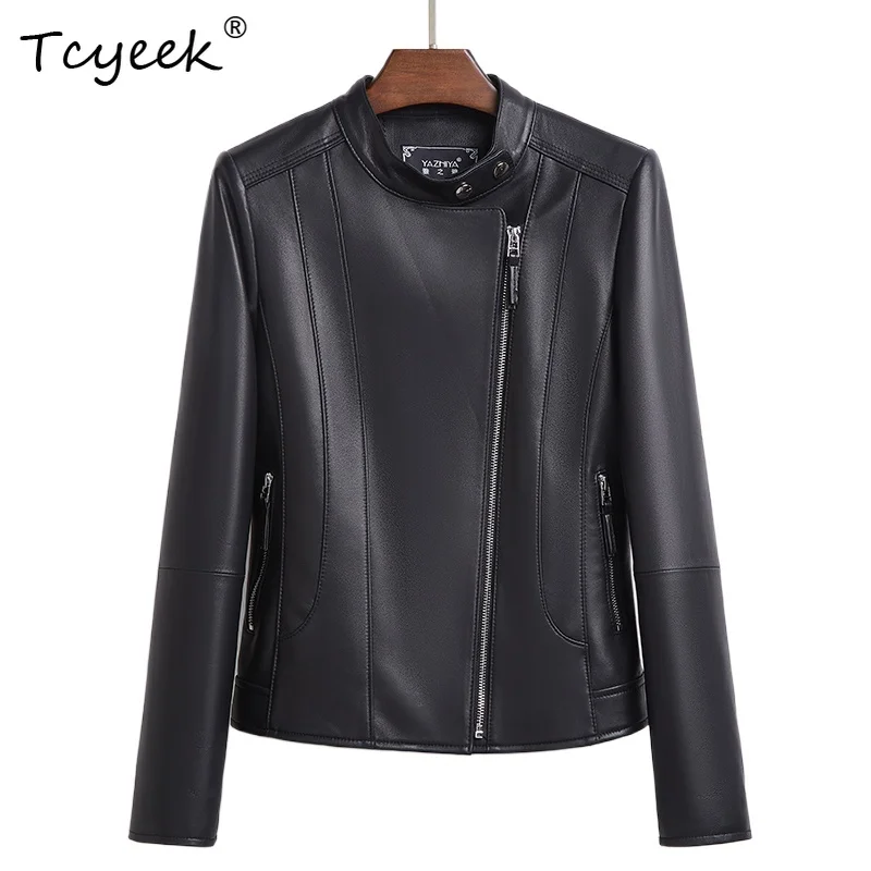Tcyeek 양피 여성 가죽 자켓 봄 가을 스탠드 업 칼라 긴 소매 검정색 짧은 오토바이 자켓 Chaqueta Cuero