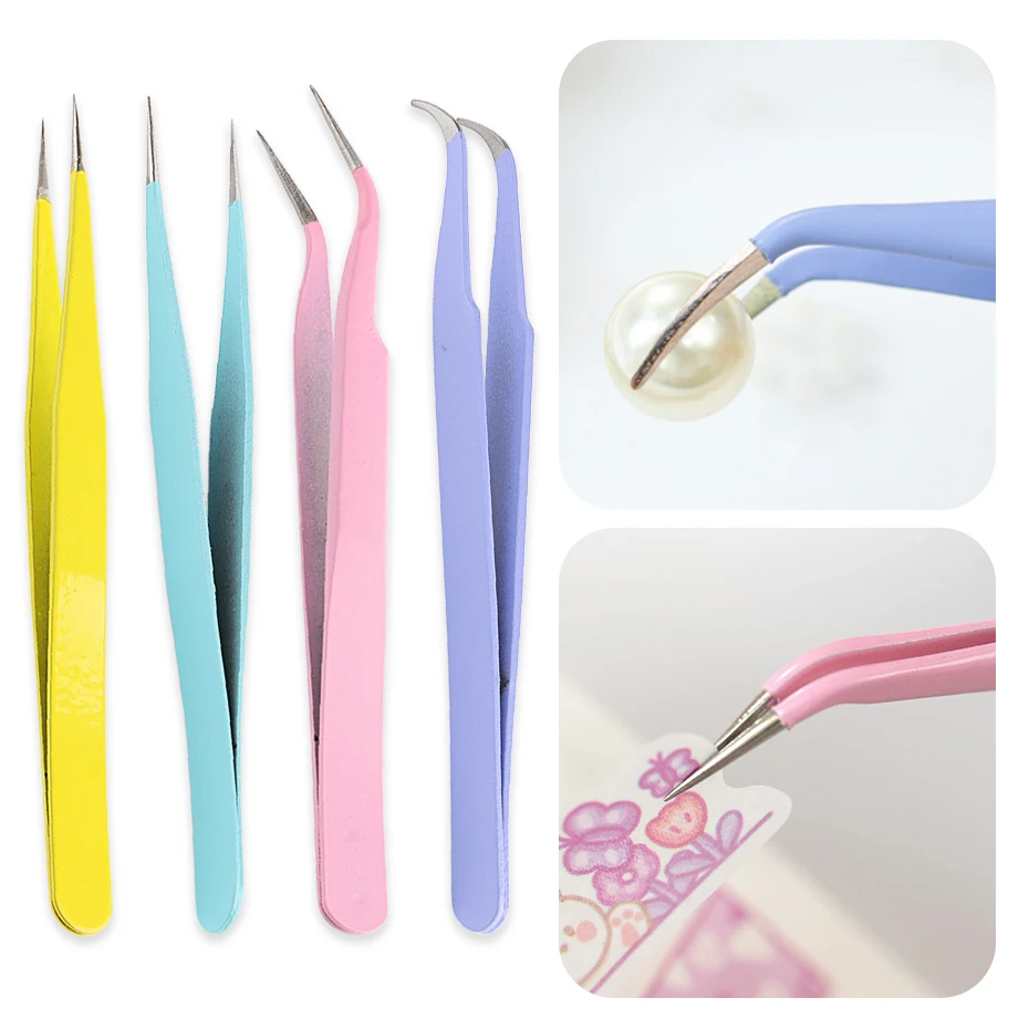 1pcs Stainless Steel Tweezer Nails Sticker Decoration Picking Tool Eyelash Grafting Straight Elbow Sharp Nipper Accessory C01-04