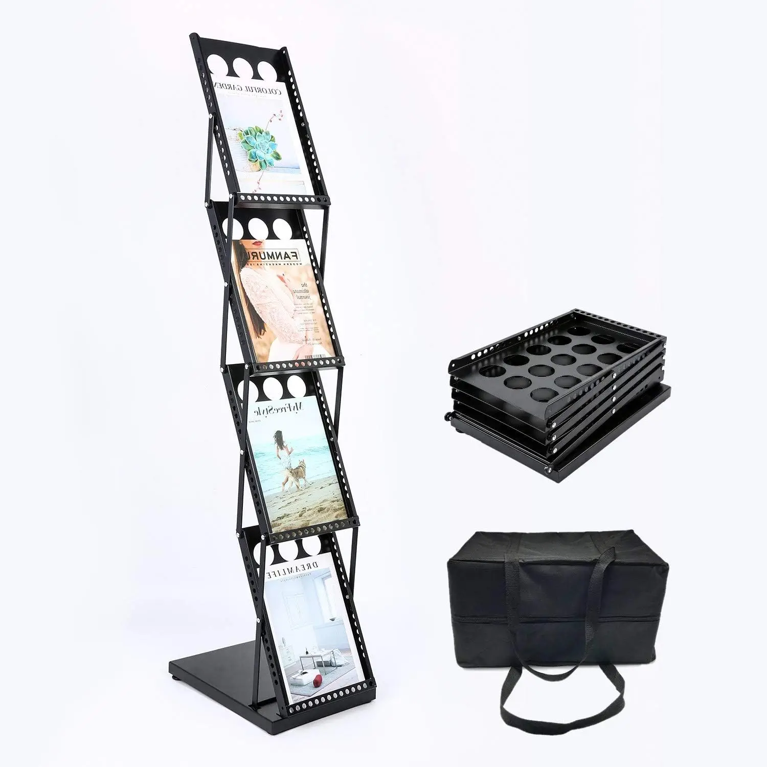 

4-Tier Adjustable Brochure Display Rack, Portable Collapsible Design with Carry Bag for Trade Shows and Offices