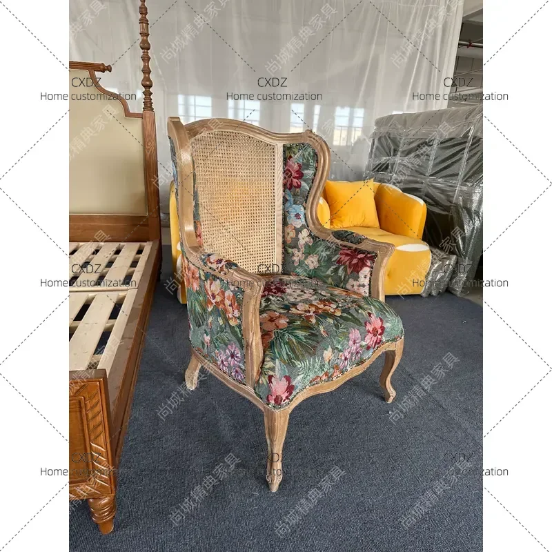 Retro Solid Wood Rattan Armchair Single Seat Woven Cane Lounge Chair with Floral Cushion for Living Room Bedroom Home Decor