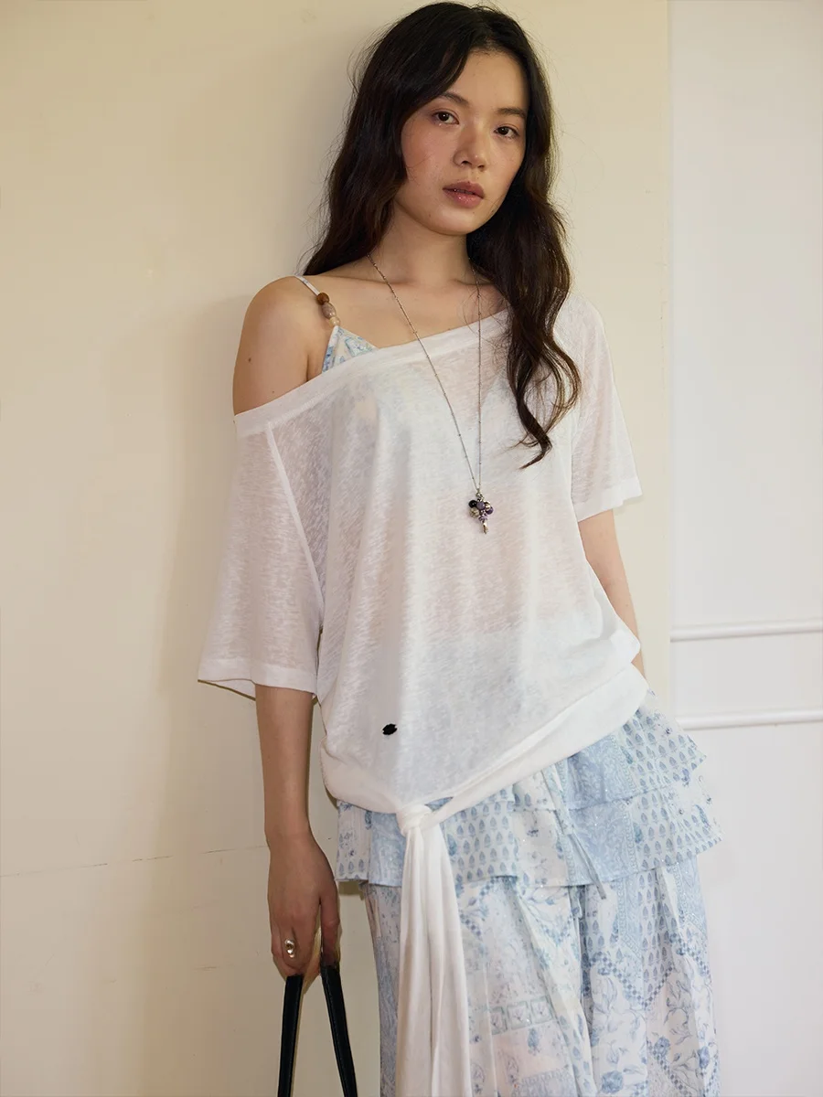 

Стильная футболка-топ с эллиптическим вырезом, одним рукавом и бантом на подоле, повседневный летний топ для молодых женщин