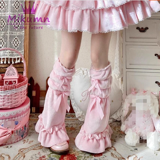 Mikumn Harajuku Women Cute Pink Plush Leg Warmer Socks Y2k Gothic Lolita Sweet Bow Ruffles Kawaii Leg Cover Elastic Boots Socks