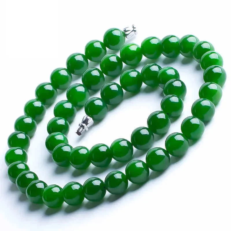 White Jade 8-10mm Beaded Necklace Green Beads Natural Fashion Gemstone Jewelry Charm Gift Chalcedony Amulet Women