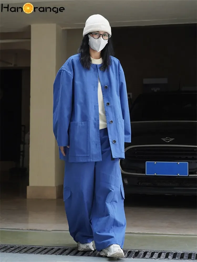 HanOrange 2025 Pantaloni cargo regolabili autunnali Pantaloni larghi a gamba larga da donna Pantaloni femminili casual a vita alta bianco sporco/blu