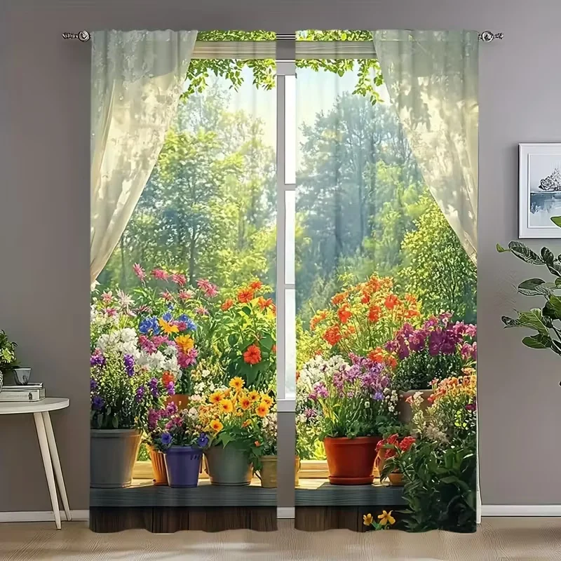 2pcs Garden Flowers Curtain Window View Print Drape Living Room Bedroom Blackout Thermal Nature Decor Art Fresh Spring