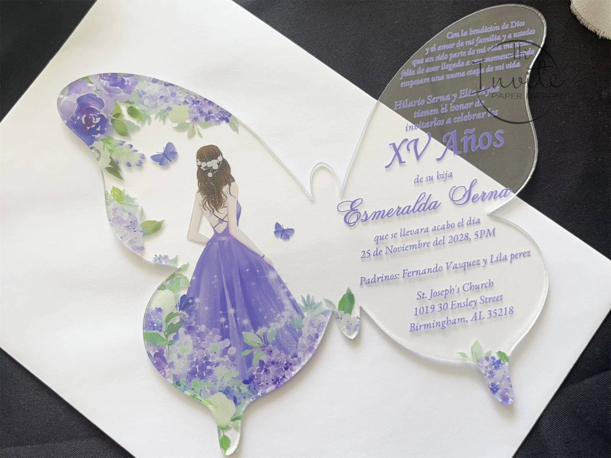 

Lavender Floral Butterfly Quinceañera Spanish Invitation, Acrylic Butterfly invites, Light Purple Sweet 15 Invite