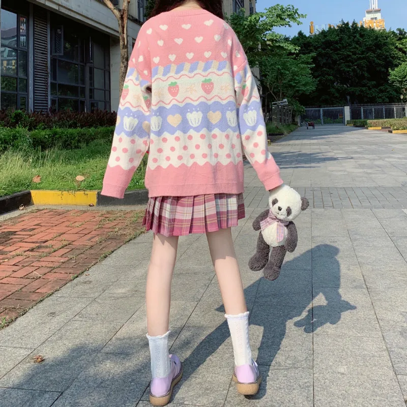 Winter Cute Sweet Pink Sweater for Women Teen Japan School Girl Kawaii Oversized Strawberry Loose Knitted Pullover