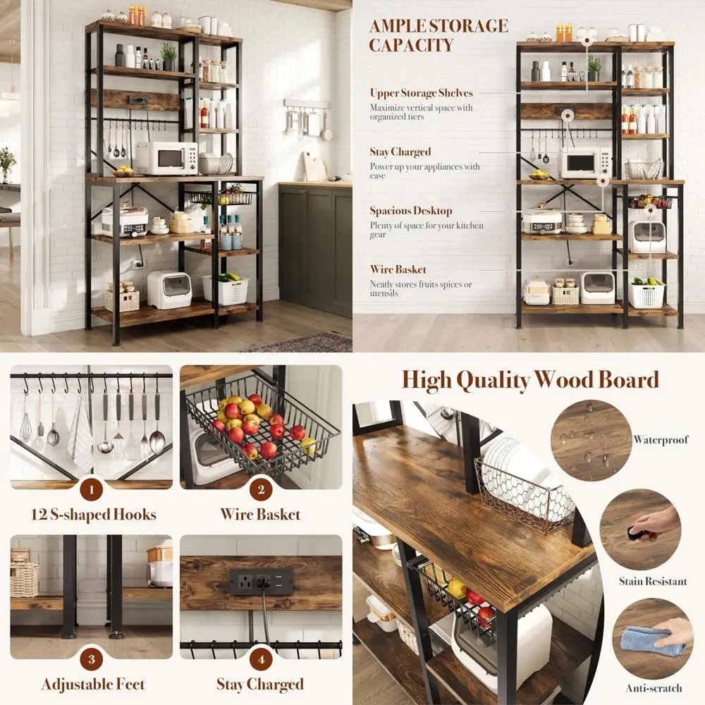 Support de boulanger de rangement à 6 niveaux avec cafetière et prise de courant, crochets en forme de S, support pour micro-ondes, organisateur de cuisine ouvert