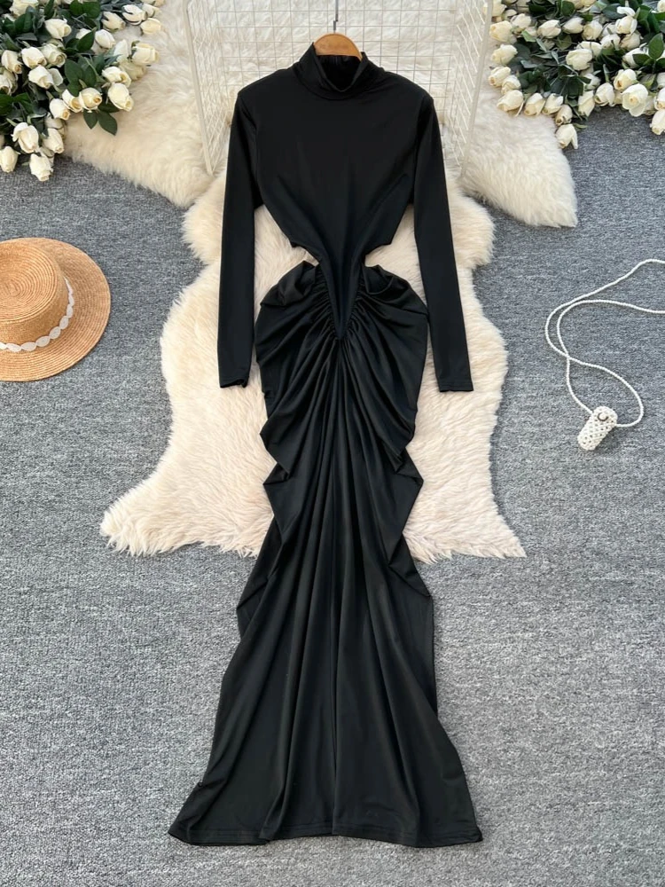 フォームリナ エレガント レディース ハイネック 長袖 ボディコン マキシドレス セクシー ソリッド カットアウト ウエスト ラッフル スリム フォーマル イブニング パーティー ガウン