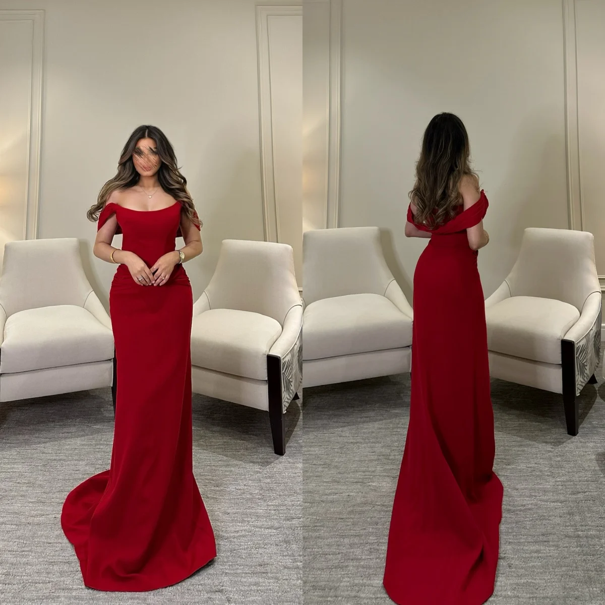 Customized  Graceful Ribbons Off the Shoulder Evening Dress Delicate Sheath Party Dress Classic Zipper Back Celebrity G