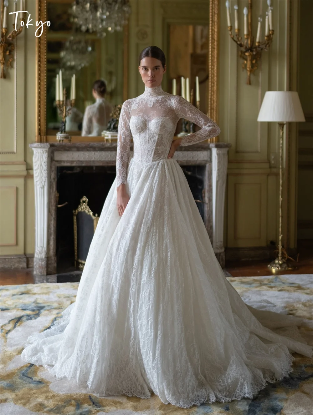 Tóquio personalizado branco alto decote vestidos de casamento manga longa zip tule tribunal trem vestido de noiva elegante a linha vestido de casamento