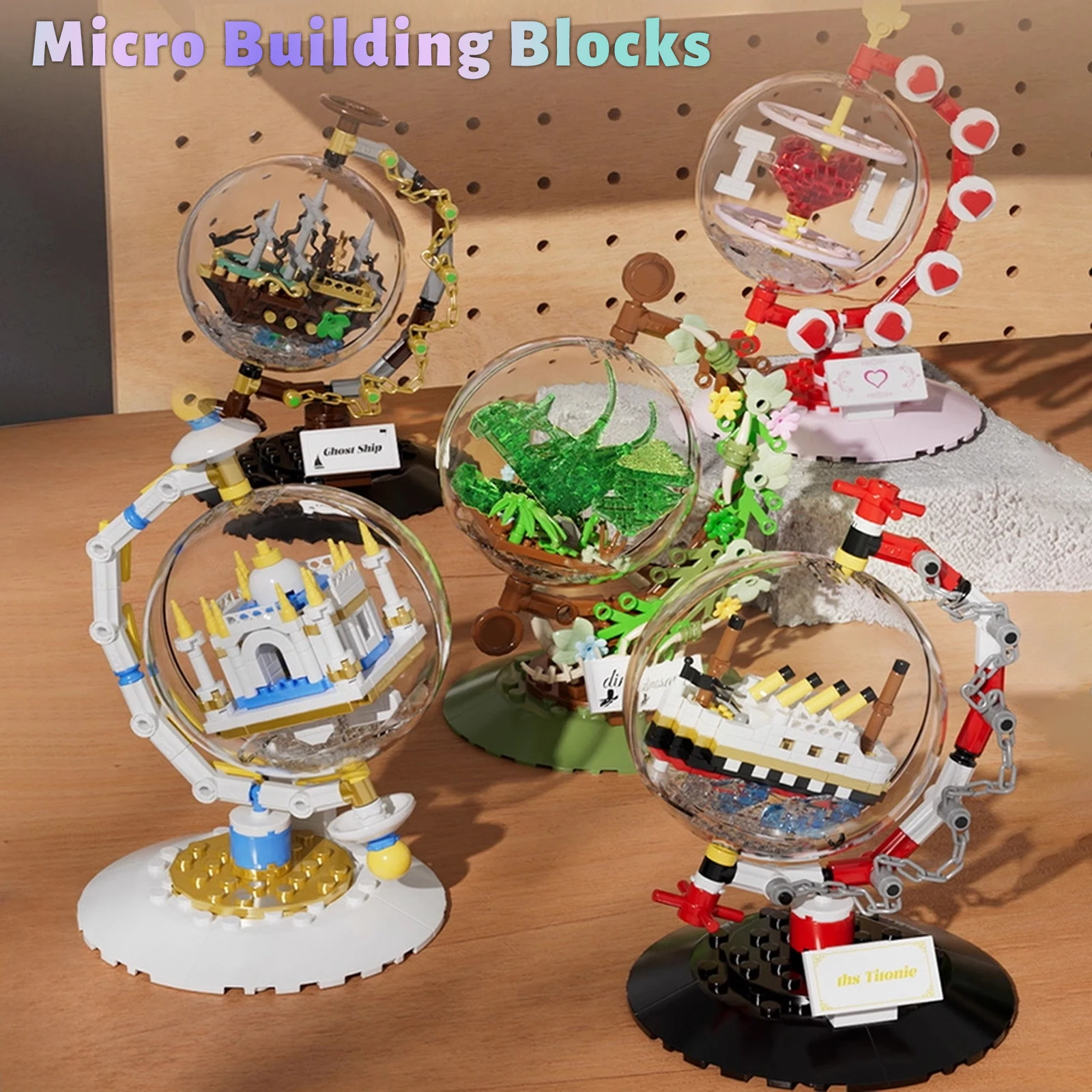 

Micro Building Blocks Globe with Cherry Blossom Castle Ghost Ship Dinosaur Explore Earth Education Assembly Toy 3D Creative Gift