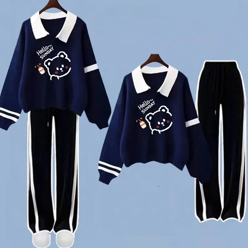 Korean Preppy Style 2 Piece Set Spring Autumn Wormen Student Cute Cartoon Bear Print Sweatshirt Pants Suits Top Trousers Outfits