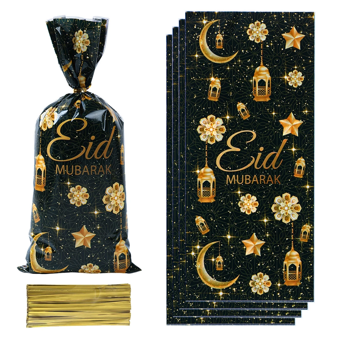 25/50/100pcs Eid Mubarak Gift Bags Plastic Cookie Candy Bag Ramadan Kareem 2024 Islamic Muslim Party Supplies Eid Al-fitr Gift