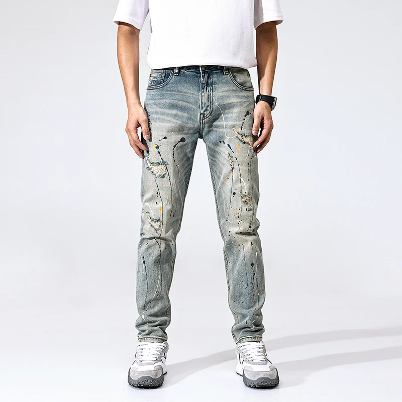 

Уличные дизайнерские модные мужские джинсы высокого качества в стиле ретро, синие эластичные тонкие рваные джинсы, мужские окрашенные винтажные джинсовые брюки Y2K