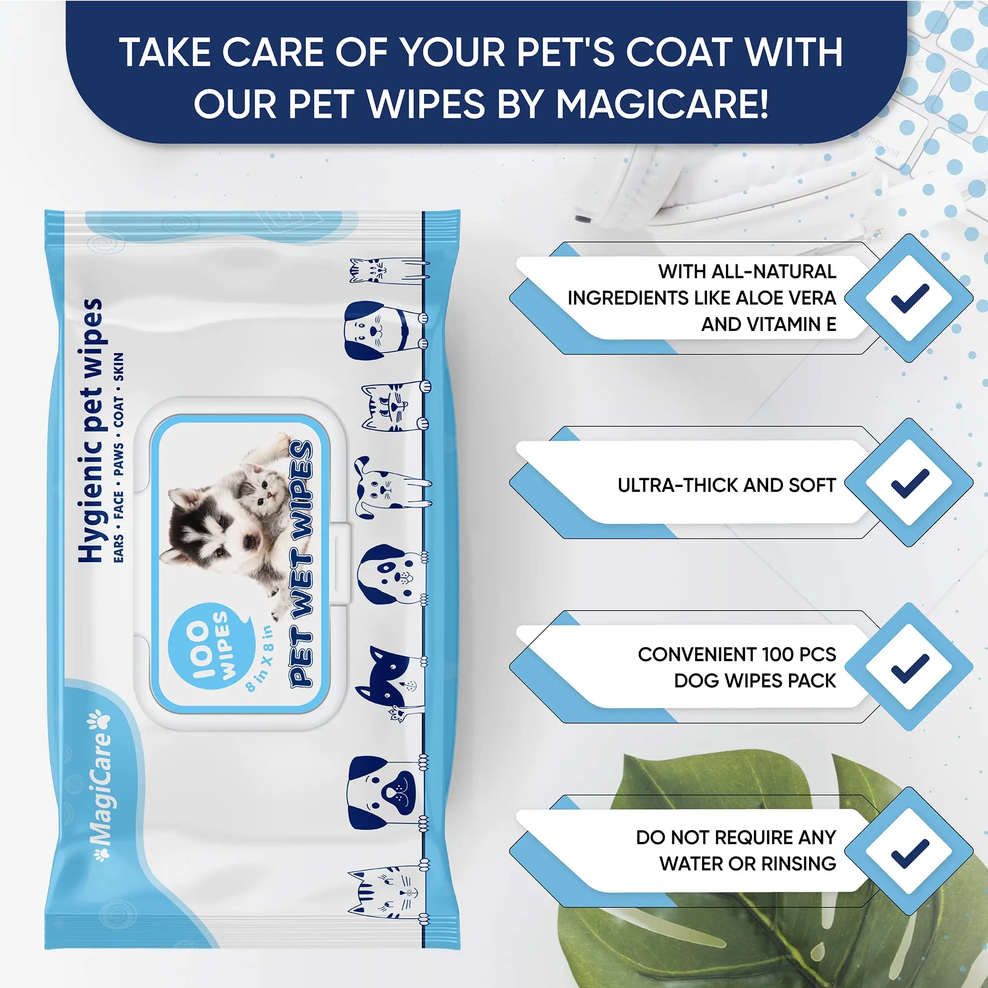 Dog Wipes, Cleaning and Odor Control Grooming Wipes for Paws, Body and Butt, Great for Puppies and Adult Dogs, 40Count