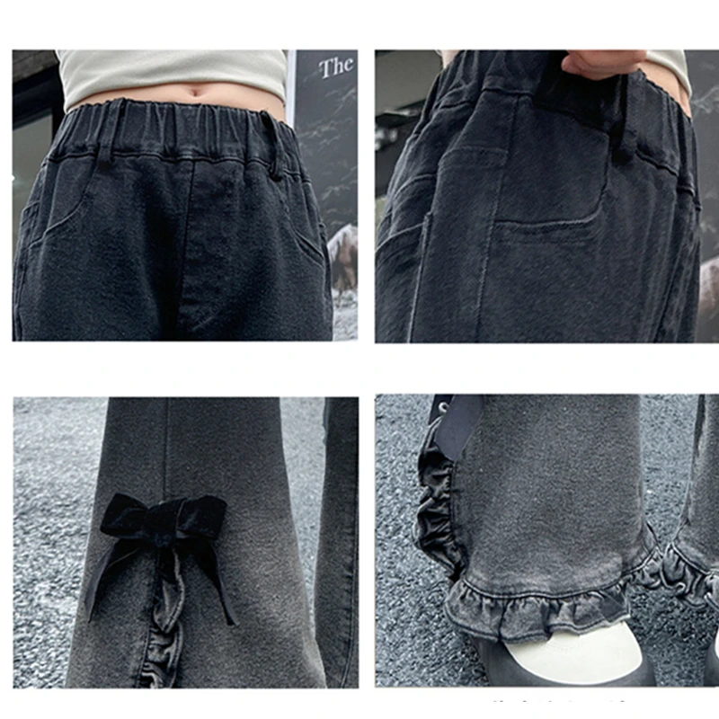 جديد أطفال تصميم الأطفال مايكرو مضيئة الجينز لفتاة المألوف الشارع الشهير سليم صالح Bootcut التدرج الدنيم السراويل مع القوس 4-14 Y #6