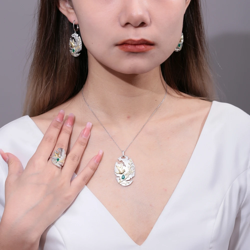 GEM\'S BEAUTY 100% Real 925 Sterling Silver Open Ring Natural Stone Handmade Design Fine Jewelry Bird On Branch Rings For Women