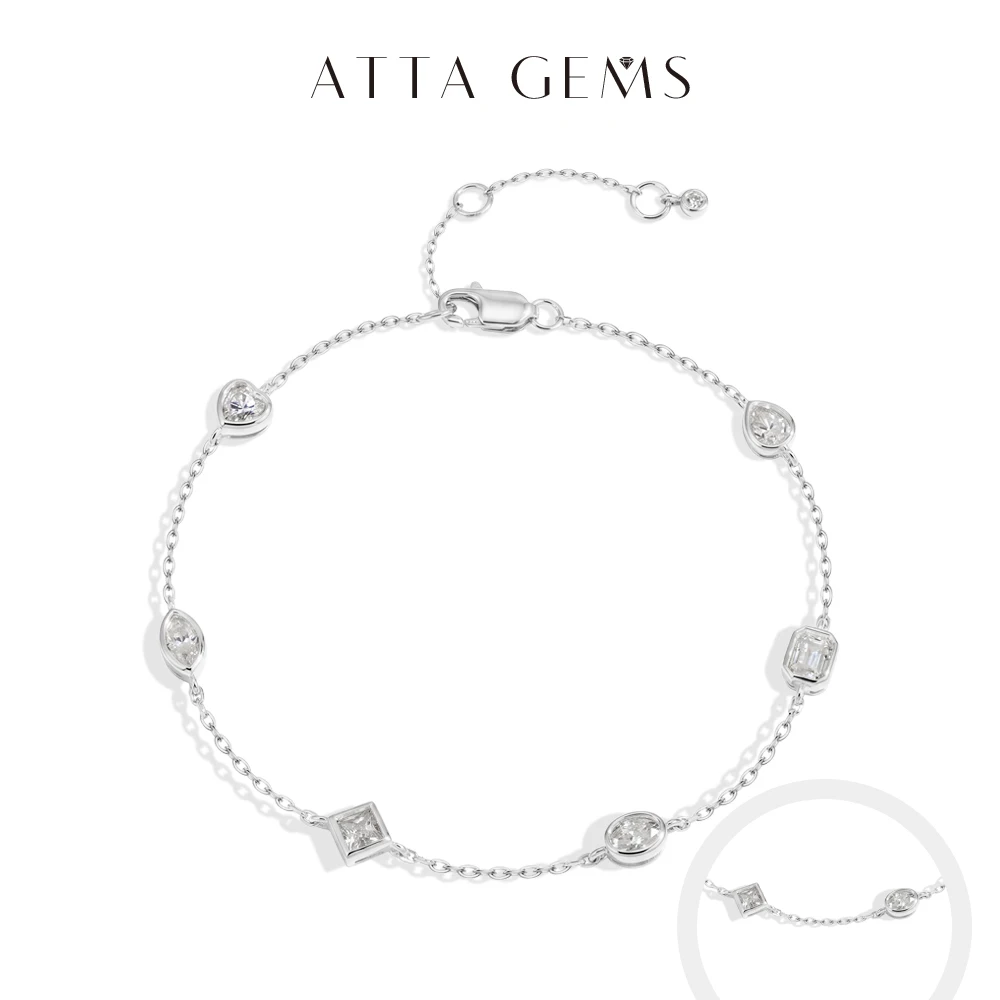 ATTAGEMS Mixed Cut Bezel Moissanite Bracelets for Women S925 Silver Adjustable Extension Chain Popular Jewelry for Wedding Party