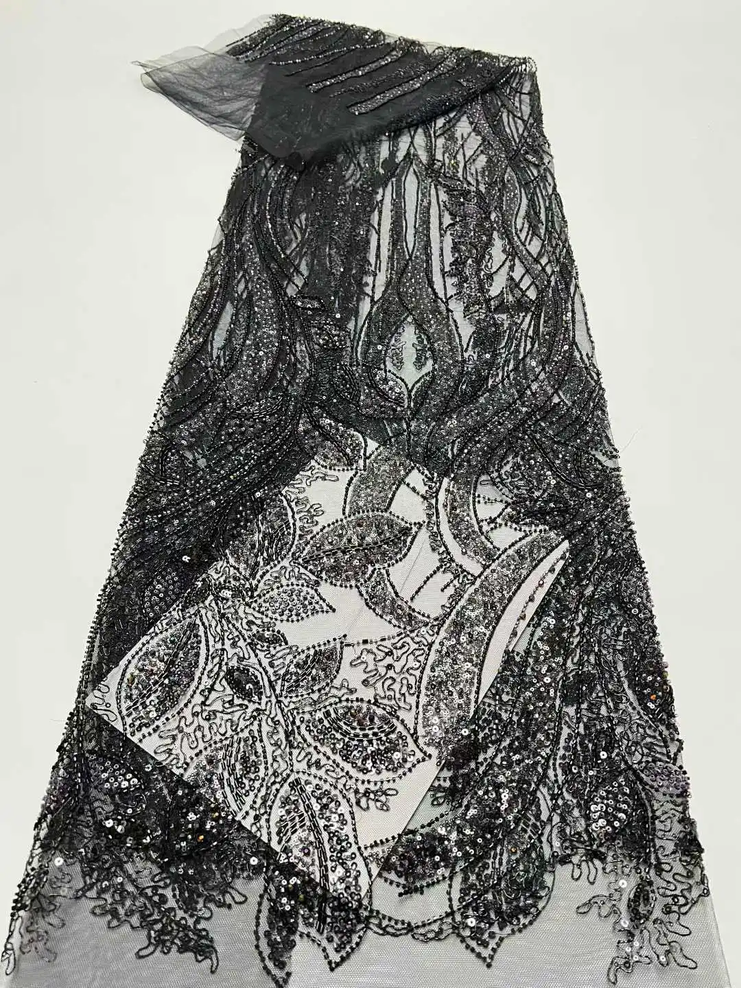 

High Quality African Sequins Mesh Lace Fabric 2026 High Quality French Beaded Tulle Lace Fabric Nigerian For Bridal Party Dress