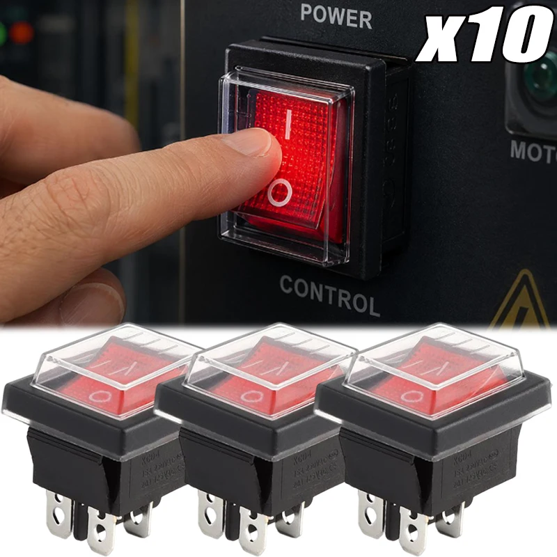 1-10pcs Waterproof Dustproof Cover on-Off Toggle Switch with Red LED Indicato 4 Pin 2 Position KCD4 Rocker Switch Accessories