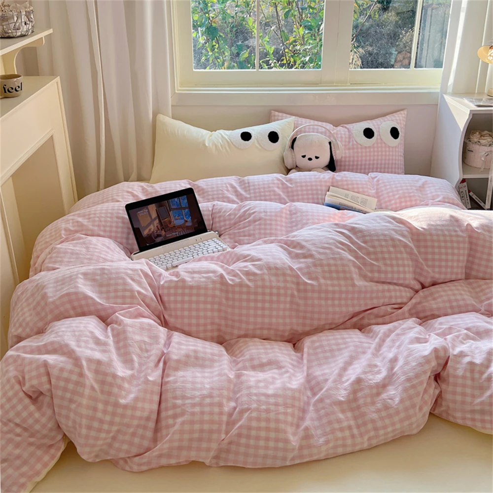 Cute Big Eyed Bedding Set Skin Friendly Plaid Duvet Cover Set With Sheet Bedroom Decor Single Double Four Piece Set Home Textile