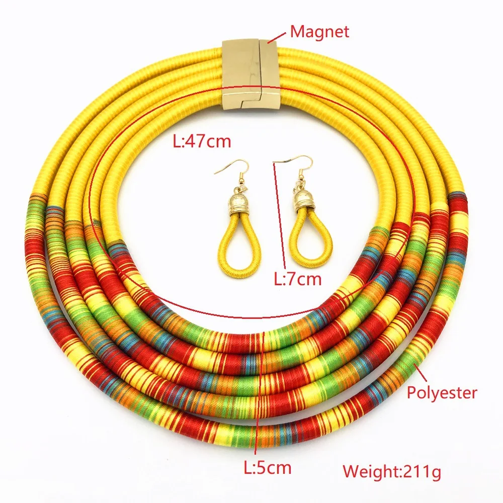 African Multilayer Rope Magnetism Button Boho Jewelry Choker Necklace Earrings Women Bib Collar Statement Necklace Jewelry Sets