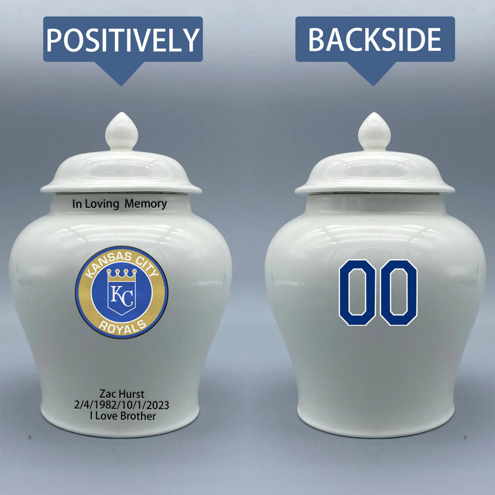 

Medium Urn for Kansas City Royals-themed Logo Urn.Please send me the customize information-name/date and number on the urn