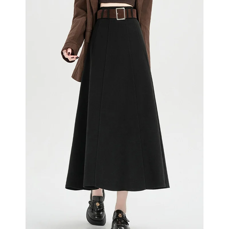 

Women Faux Wool A Line Midi Skirt Fall Winter High Waisted Vintage Skirt Harajuku Y2K Elegant Preppy Style Solid Casual Skirt