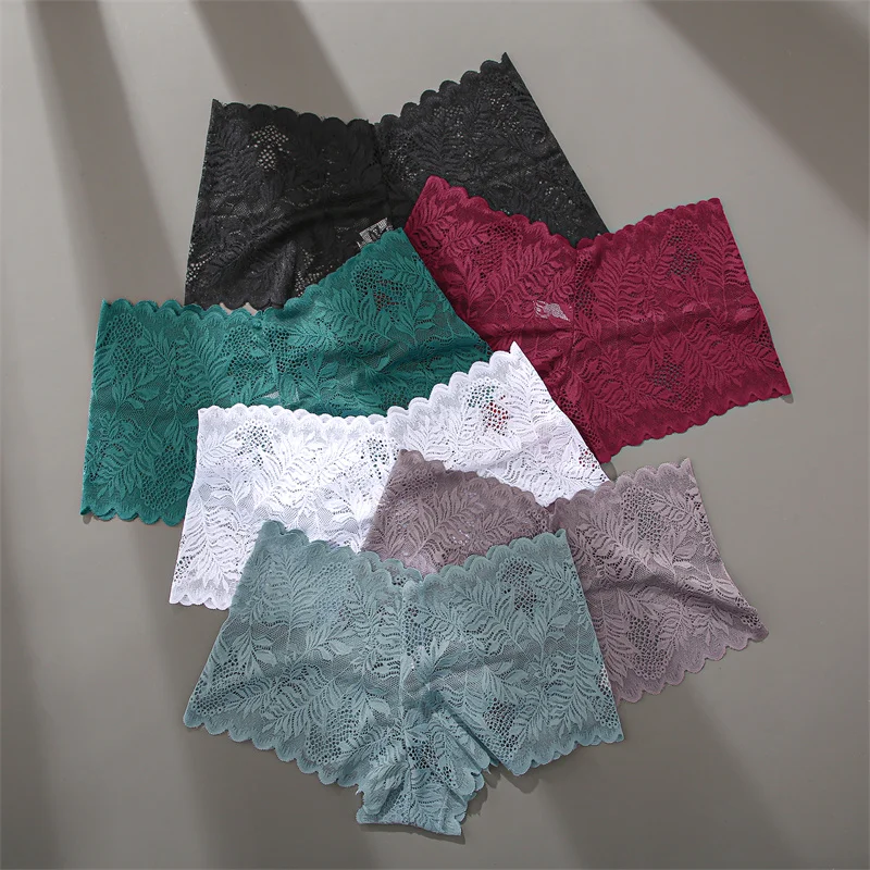 FINETOO 4 قطعة ملابس داخلية قصيرة من الدانتيل مُزينة بنقشة الزهور للنساء ملابس داخلية مثيرة مفرغة ملابس داخلية نسائية منخفضة الخصر قابلة للتنفس للفتيات