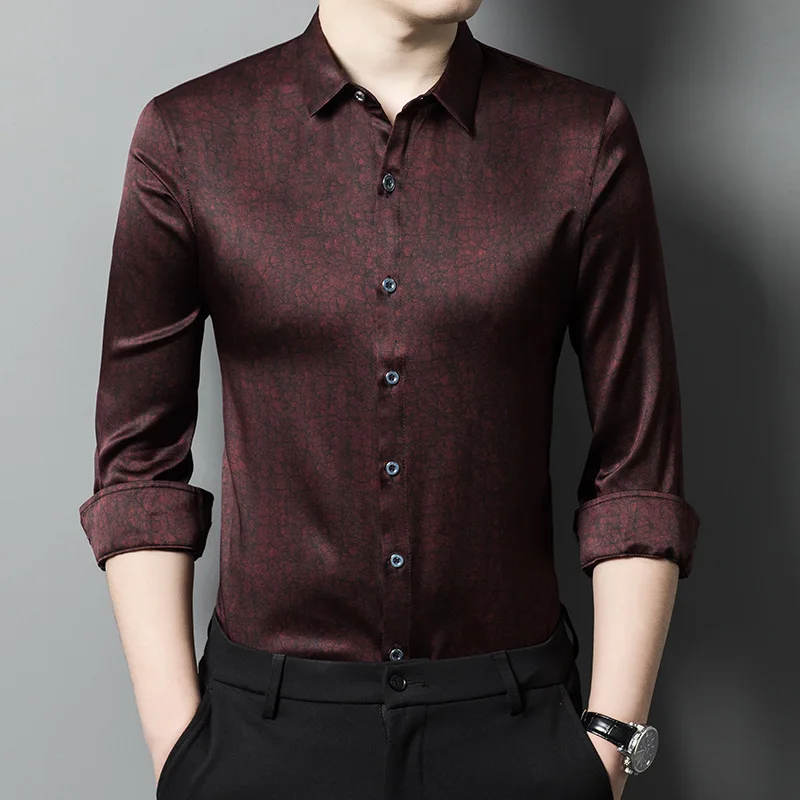 Men Silk Shirt Spring New Silk Long Sleeve Shirt Fashion Casual Satin Silk Men Top