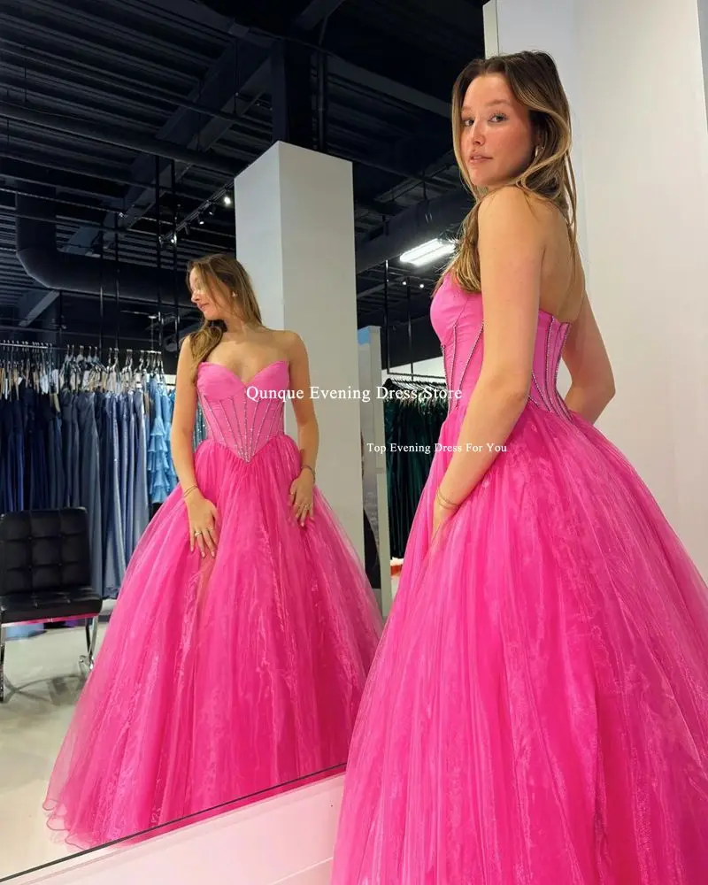 Qunque Tulle Fuchsia Customized Sweetheart Evening Dresses A-Line Celebrity Gowns Wedding Party Dress High Slit вечерние платья