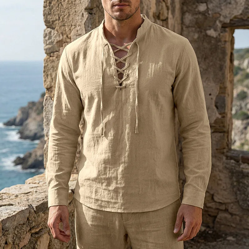 2026 Herren Vintage Mittelalterliches Leinenhemd mit Schnürung, Langarm, Henley-Ausschnitt, Locker Geschnitten, Piraten-Cosplay, Strand, Freizeit, Urlaub, Alltagshemd – Detail 3