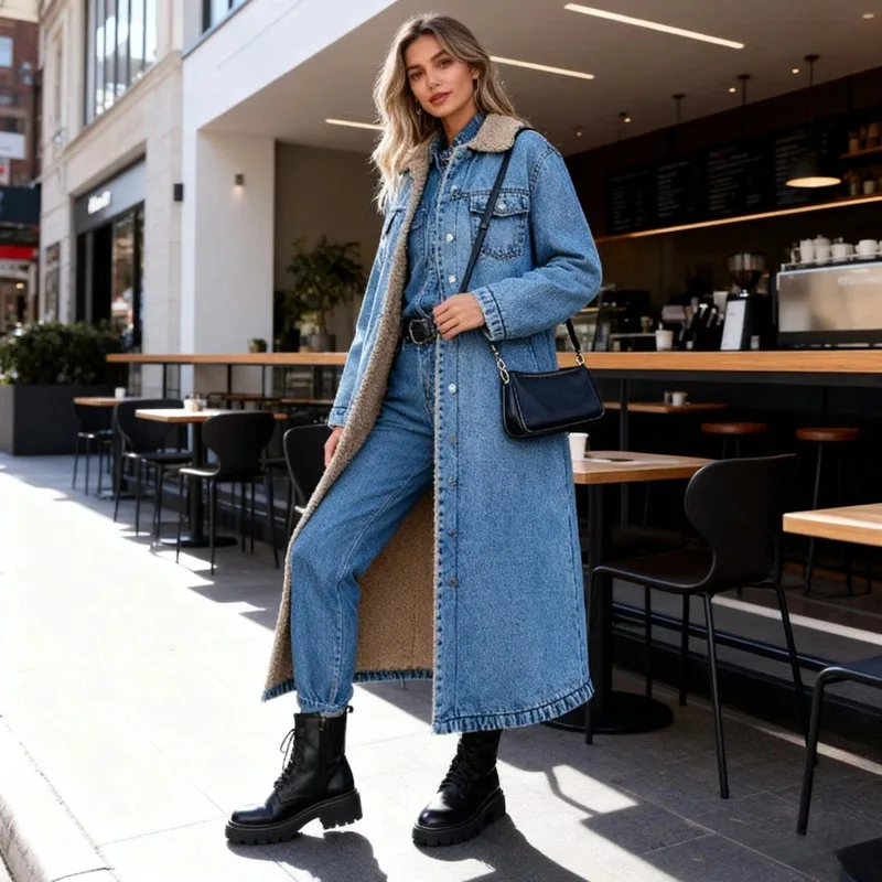 Manteaux mi-longs en fausse fourrure pour femme, vestes élégantes à col rabattu, en Denim épais, Streetwear, vêtements d'extérieur pour dames, hiver