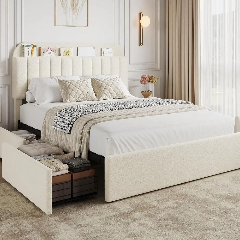 

Storage Bed with 2 Drawers, Bookcase Platform Bed, No Box Spring, Easy Assembly, Ivory White