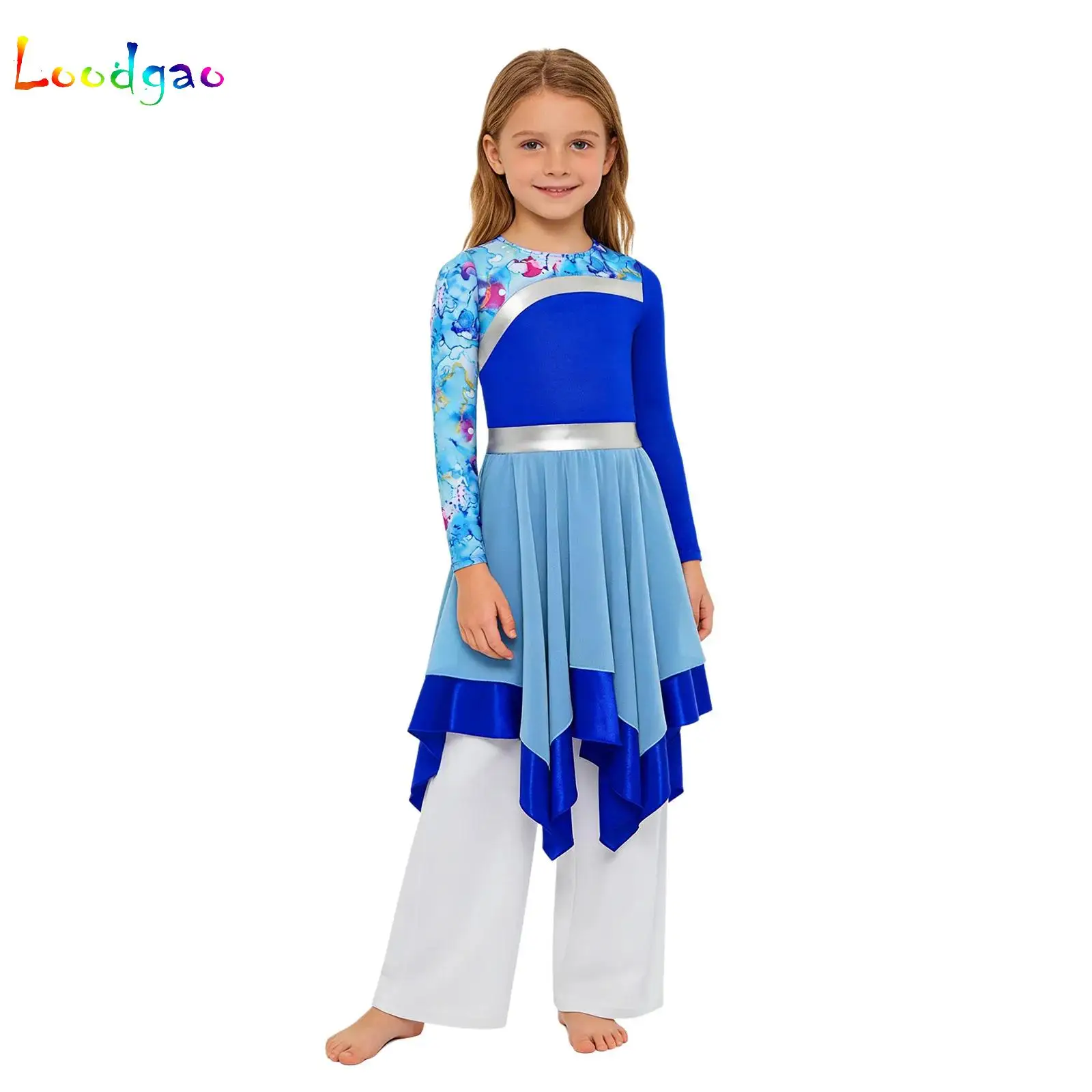 

Girls Ballet Dress Lyrical Dance Performance Costume Ballroom Modern Waltz Dress and Long Sleeve Irregular Church Wide-Leg Pants