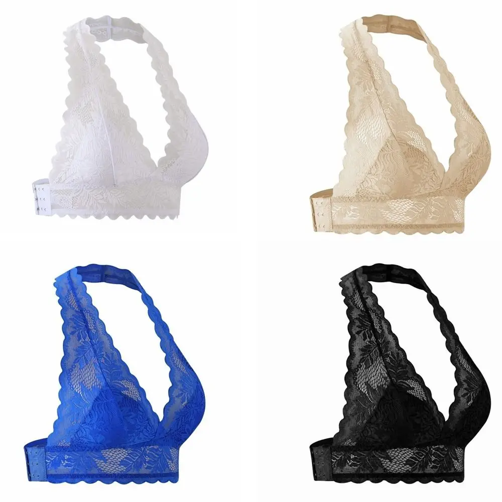 Vestenartiger Neckholder-BH mit Spitze, Push-Up-Effekt, transparentem Netzstoff, Schönheitsrücken, seitlicher Schnalle, unsichtbarer, drahtloser BH für den täglichen Gebrauch. – Detail 1