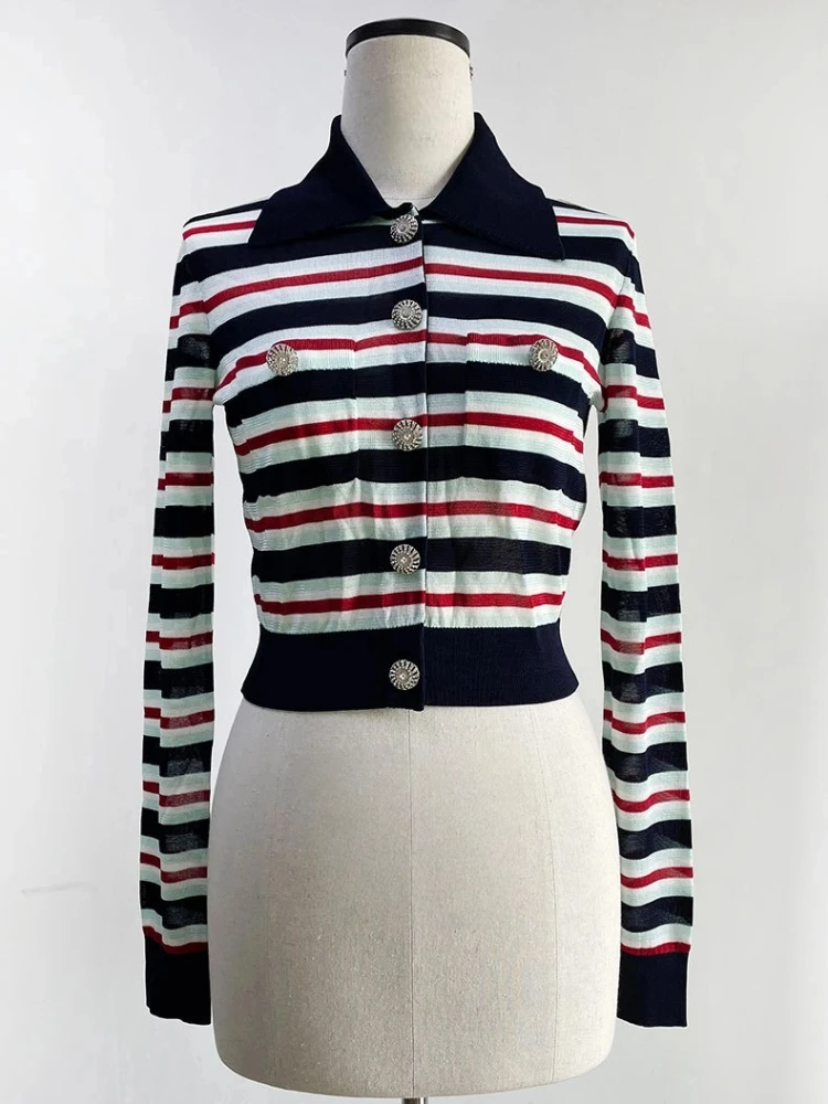 

Stripe Knitted Cardigan Women Spring Autumn Turn-Down Collar Single Breasted Long Sleeve Crop Tops Fashion Female Sweaters